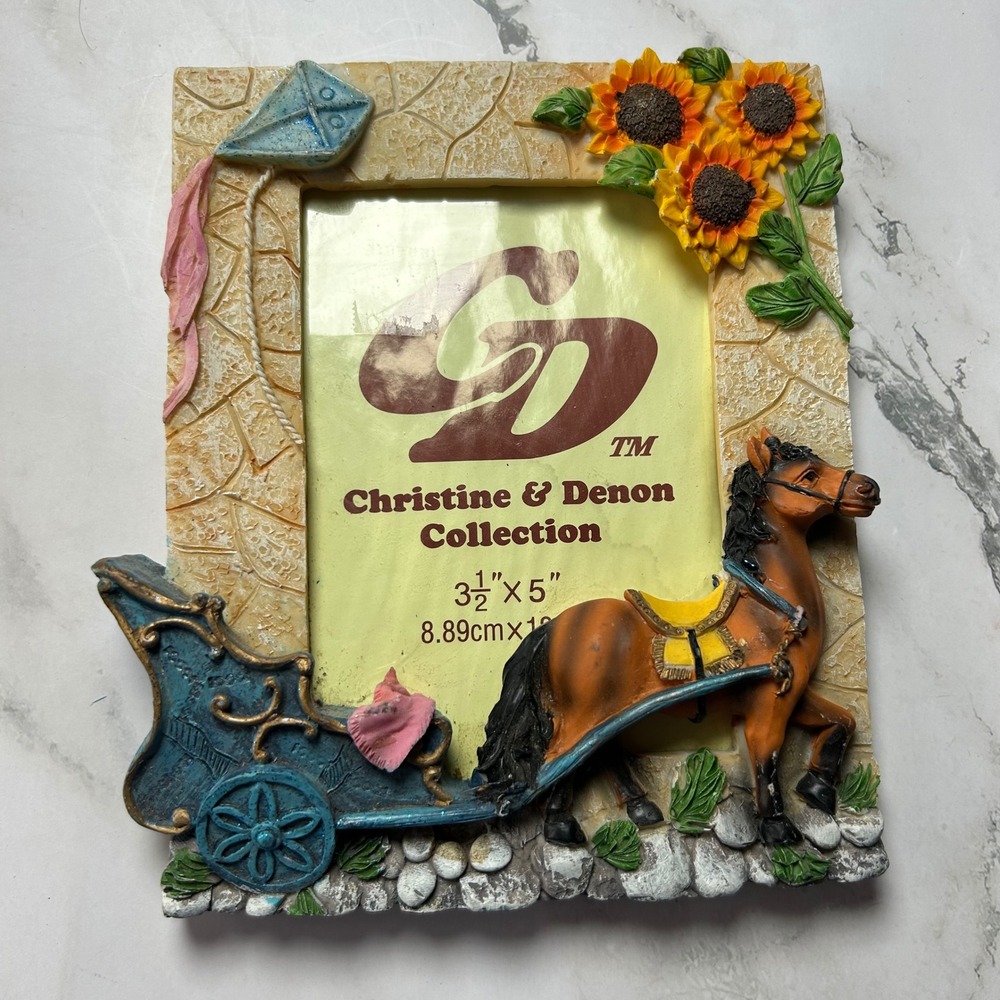 Christine & Denon Collection Horse Carriage Sunflowers 3.5x5 Photo Frame Resin